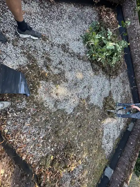 Old flat roof covered in loose chippings, moss and weeds before replacement